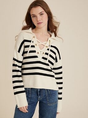 Striped Lace-Up Cream and Black Sweater